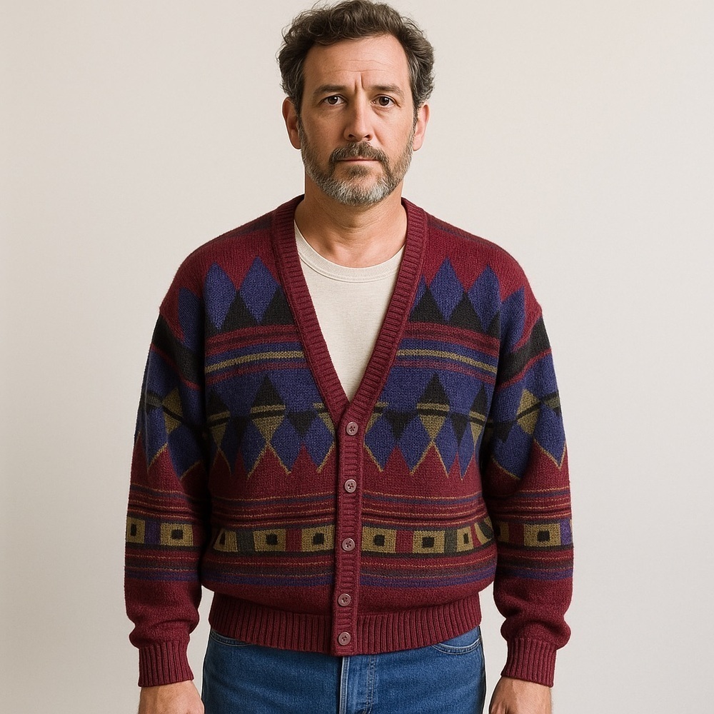 Vintage 80s 90s City Streets Geometric Knit Cardigan Sweater Burgundy Multi